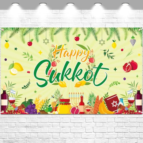 Happy Sukkot Decorations Banner Backdrop for Jewish Holiday Party Supplies Garland Flag Outdoor Indoor Sukkah Photography Background Wall Hanging 5.9 x 3.6 ft