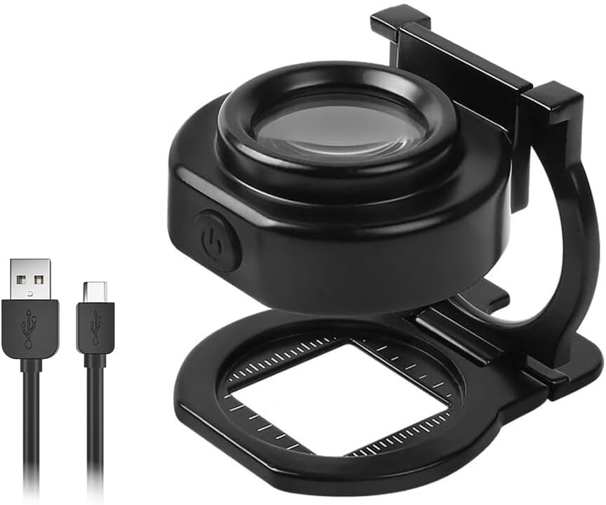 10X Magnifying Glasses with Light, Mini Rechargeable Magnifier Desktop Foldable Metal Magnifying Loupe with Scale and USB Cable for for Textile Optical Jewelry Tool Coins Currency