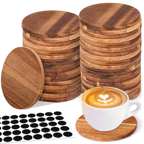 36 Pieces Unfinished Wood Coasters 4 Inch Round Acacia Wooden Coasters for Crafts with Non-Slip Silicon Dots for DIY Stained Painting Wood Engraving Home Decoration