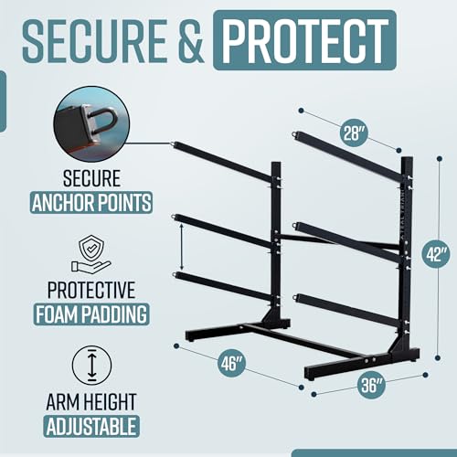 Image of Teal Triangle Freestanding Kayak Storage Rack - 3 Kayak Rack & Canoe Rack - Indoor Outdoor Kayak - Adjustable Surfboard & Stand Up Paddle Board Holder - Adjustable Storage Stand - Black
