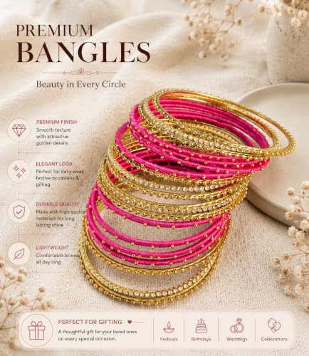 Image of NMII Non-Precious Metal with Base Metal and Zircon Gemstone Studded Ball Chain Linked Glossy Finished Silk thread Bangle set for Women and Girls