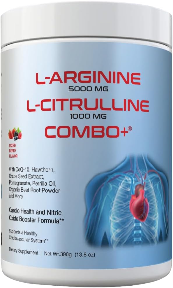 L-Arginine 5000mg & L-Citrulline 1000mg Combo+® - Mixed Berry, 30 Servings, 390g Nitric Oxide Booster Drink Mix Powder - CoQ10 & Organic Beet Root - High Potency Heart & Circulation Support USA