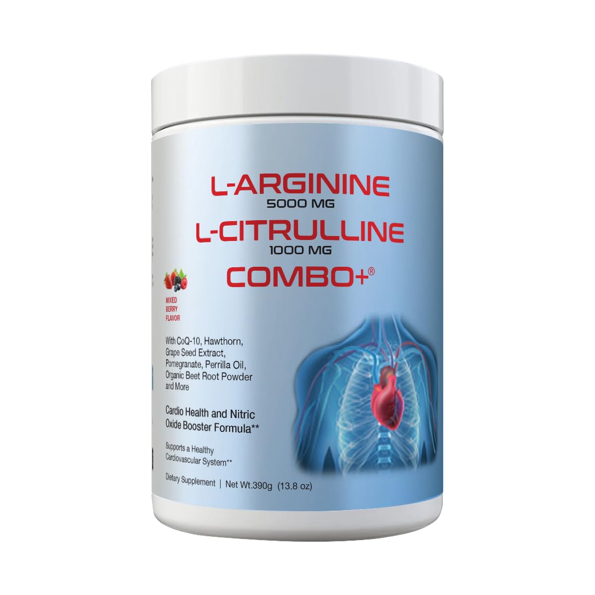 L-Arginine 5000mg & L-Citrulline 1000mg Combo+® - Mixed Berry, 30 Servings, 390g Nitric Oxide Booster Drink Mix Powder - CoQ10 & Organic Beet Root - High Potency Heart & Circulation Support USA Mixed Berry 13.8 Ounce (Pack of 1)