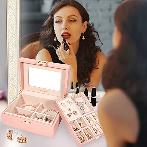 Landici Jewelry Organizer Box For Women Teen Girls,Large Jewelry Storage Case With Mirror,2 Layer Removable Stackable Tray,Leather Jewellery Display Holder For Ring Necklace Earring Bracelets,Pink #TOP6