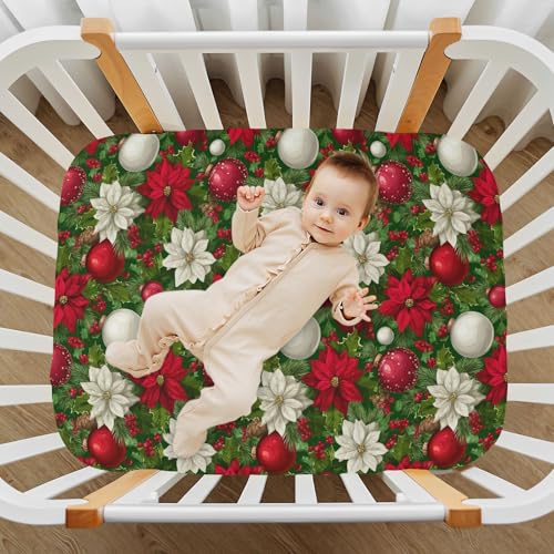 Image of Baby Crib Sheet Christmas Fir Tree Poinsettia Crib Mattress for Boys and Girls Playard Sheet Soft Breathable Fitted Baby Mattress Cover 52x28in