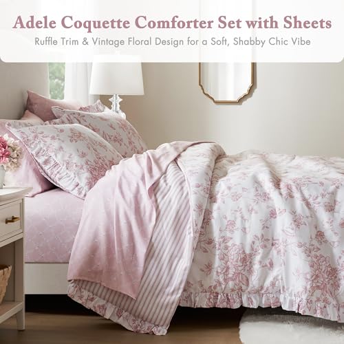Image of Madison Park Essentials Adele Pink Floral Cal King Size Comforter Set - Vintage Bed in a Bag with Sheets, Reversible Ruffle Bedding, Elegant Gift for Her