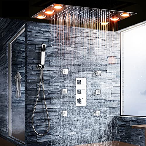 Cascada Luxurious 14" x 20" Large Multicolor LED Shower System con Control Remoto y Mezclador de Ducha 3 Vías (Lluvia, 6 Jets de Masaje y Ducha de Mano) (Oro Rosado) miniatura 2