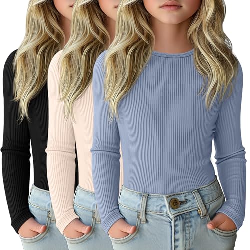 LessonZoo 3 Pack Girls 95% Cotton Ribbed Long Sleeve Shirts 5-6Y 3Color