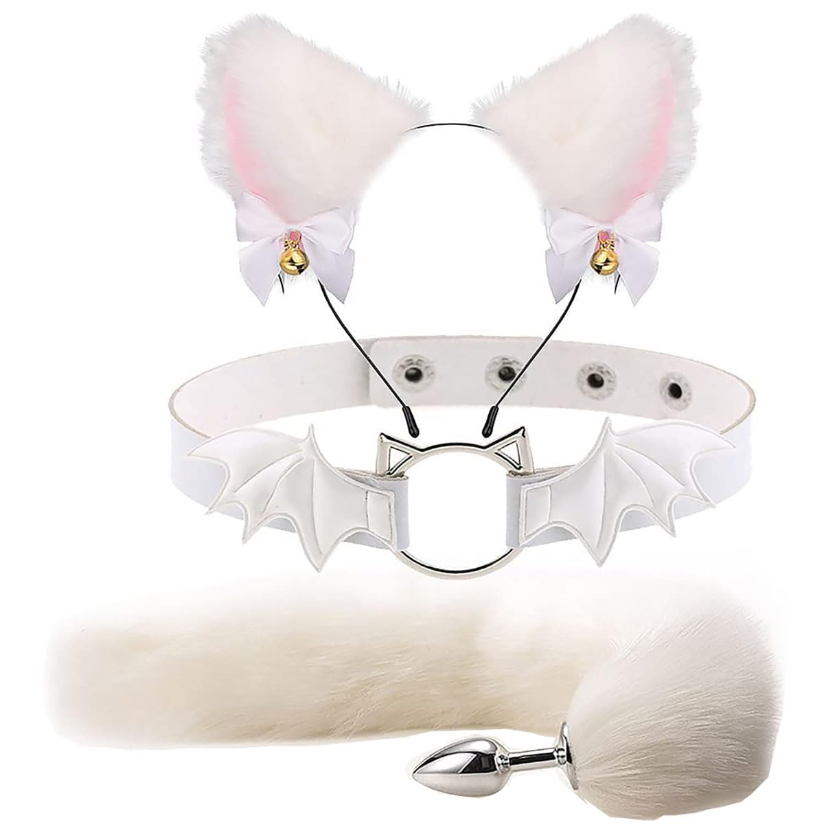 TJCGCKK Animal Cosplay Costume Furry Fox Tail Plug Cute Ears Headband Bat Style Neck Collar Set: White B