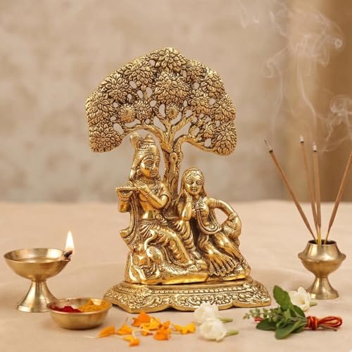 Image of KridayKraft Metal Lord Radha Krishna Tree Idols Hindu God Radha Krishna Ji Murti for Home Temple Puja and for Home Office Shop Decorative God Idols Showpiece