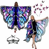 Halloween Butterfly Wings Costume for Womens, Moth Wings Butterfly Cape Adult Costume with Mask & Headband(3pcs) Double Chiffon Starry Sky Purple