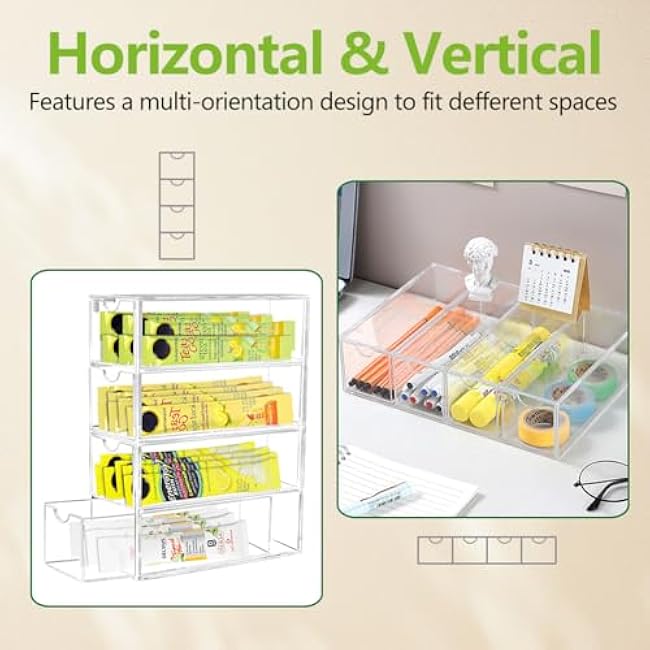 2 Pack Drink Packet Organizer, Acrylic Drink Mix Holder with 4 Clear Drawers Water Flavor Packets Container for Kitchen Pantry Home Organization (2 Pack)