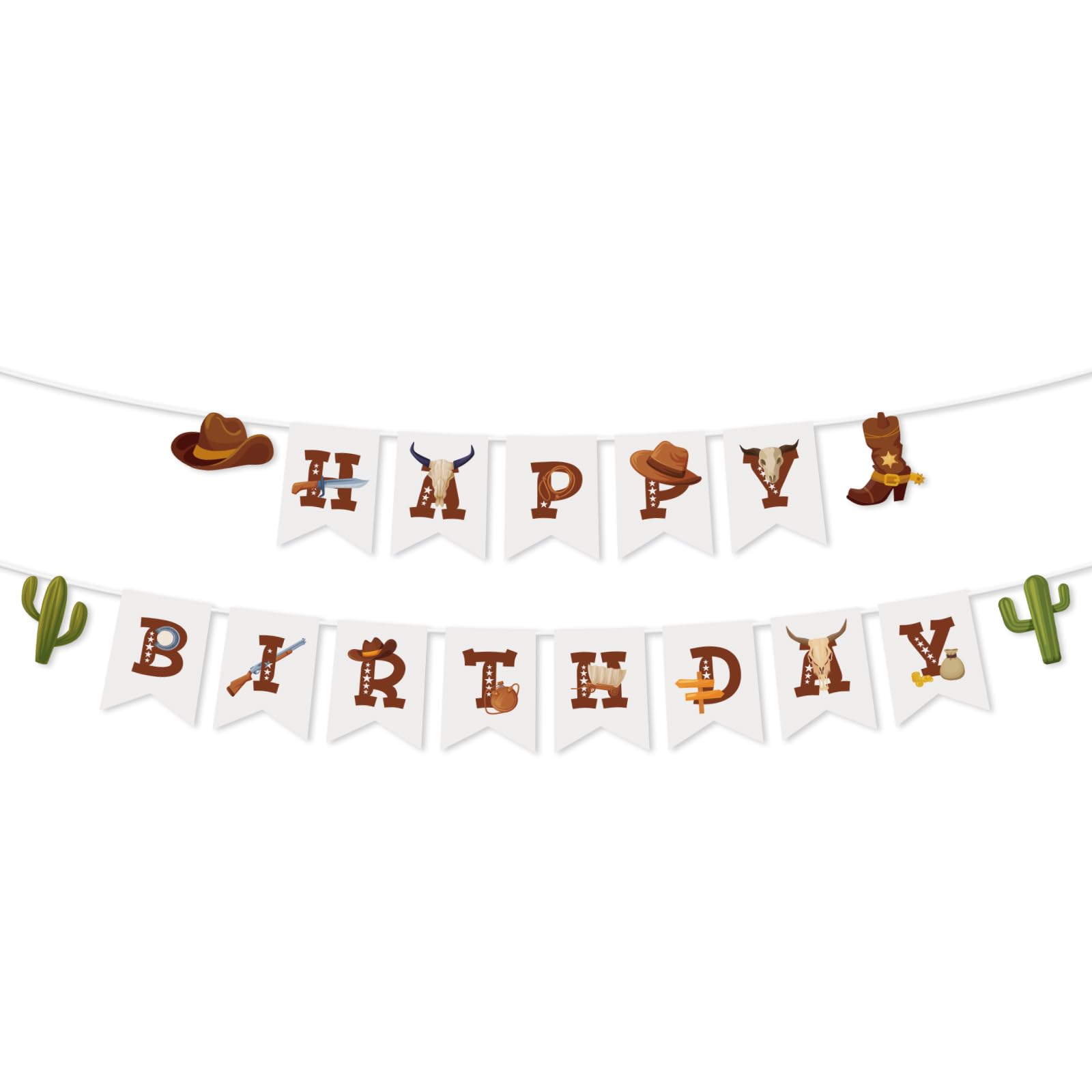 Fukaisu Western Cowboy Theme Happy Birthday Banner, Pre-Strung Retro Wild West Party Decoration Hat & Boots Rodeo Party Supplies for Boys Girls Women Men