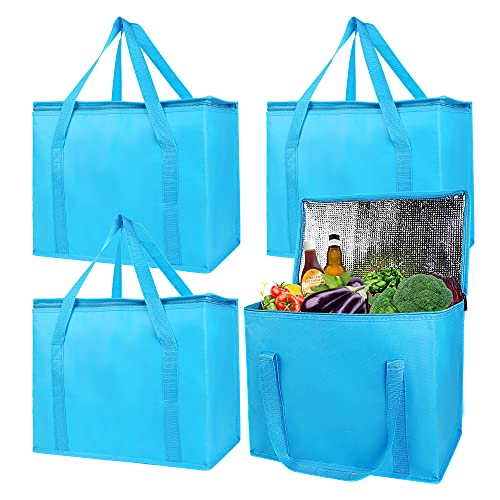 musbus 4-Pack, Large Insulated Grocery shopping bag, Blue, reusable bags,zipper,Collapsible,tote,cooler,for men women,for instacart,leakproof,soft,Recycled Materia