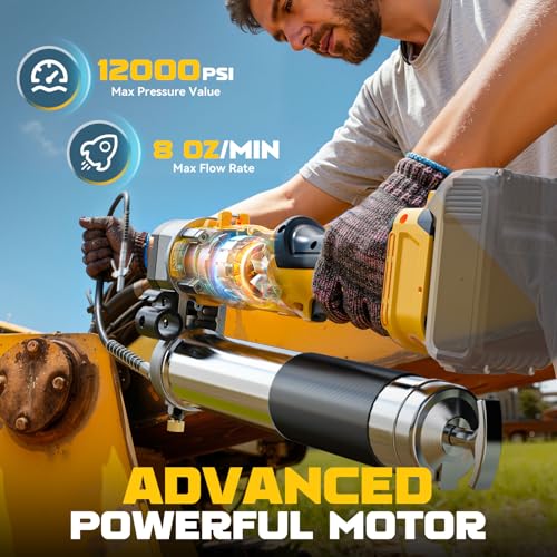Image of DIYtoolifz Cordless Grease Gun Compatible with DeWalt 20V Battery, 12000PSI High-Pressure with 2-in-1 Rotating Handle, 39.4 inch Hose & 4 Couplers for Bulk & Cartridge Grease (Tool Only)