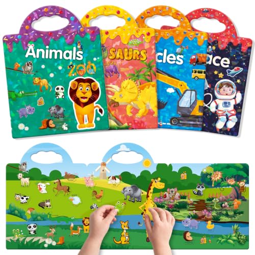 GUYUCOM 4 Pack Reusable Sticker Books Toddler Travel Toys 3D Clear Animal Vehicles Space Dinosaur Sticker Book Suitable for Childrens Educational Learning Toy Birthday Gifts