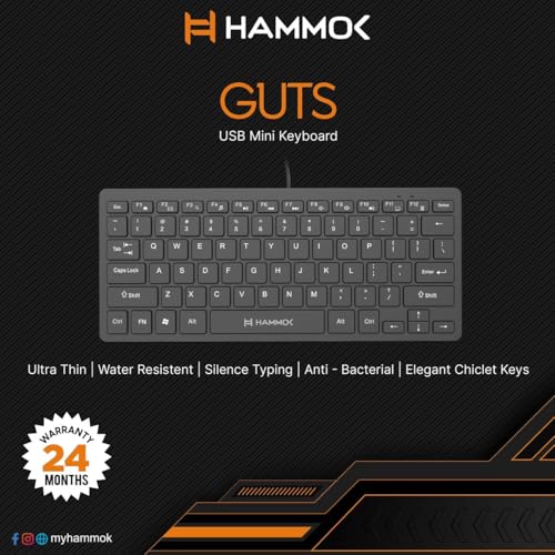 Image of Hammok Guts Mini USB Keyboard, Wired, Black, Small, Space Saving, Water Resistant, Ultra Thin, Chiclet Keys, Silent Typing