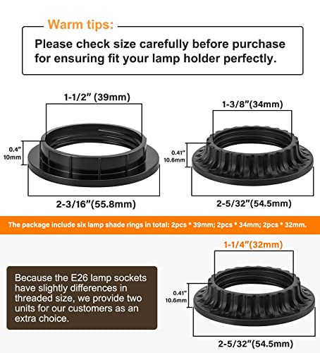 Dicuno Lamp Shade Rings, E26 Light Socket Collar Ring, Black Threaded Reducer 1-3/8 Inches (34Mm) And 1-1/2 Inch (39Mm), Hanging Lamp Holder Parts, (34Mm * 2Pcs; 39Mm * 2Pcs) #TOP1