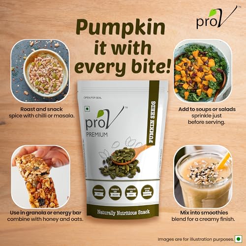 Image of ProV Premium Pumpkin Seeds 250g, High Protein, Source of Fiber, No Cholesterol, No Trans Fat, No Added Sugar, Kaddu Beej, Unroasted Seeds, Healthy Diet Snack, Resealable Pouch, Seeds for Eating