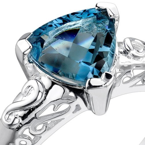 PEORA London Blue Topaz Scroll Gallery Solitaire Ring for Women 925 Sterling Silver, Natural Gemstone Birthstone, 2 Carat Trillion Shape 8mm, Sizes 5 to 93