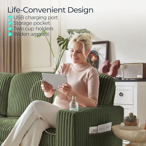 Image of LINSY HOME Sectional Sleeper Sofa with Storage Chaise & USB Charging, Convertible Pull Out Couch Bed Plush Corduroy Modular Sectional Couches for Living Room Apartment (Green)