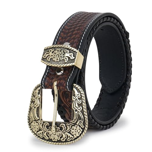 Image of Western Leather Belt for Men & Women, Floral Embossed Cowhide, Durable Rodeo Style for Jeans, Casual Wear & Country Outfits