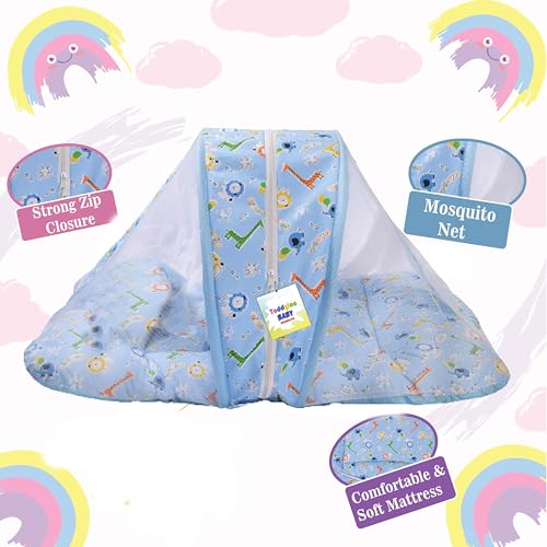 Image of Toddylon Baby Bed New Born Baby Bedding Set | Mattresses | Mosquito Net | Foldable Mattress | Beds | Cotton | Baby Bed with | Infants Boys Girls (0-6 Month) Blue