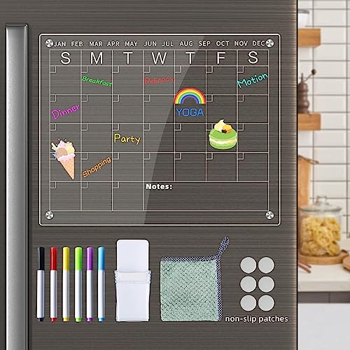 Magnetic Calendar for Fridge Acrylic Magnetic Dry Erase Board for Fridge Calendar Dry Erase,Includes 6 Dry Erase Markers 6 Colors/6 Nano Stickers/Pen Holder/Towel
