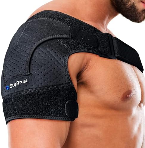 Suptrust Shoulder Brace for Men and Women: Adjustable Shoulder Wrap for Pain Relief, AC Joint, Torn Rotator Cuff, Injuries, Tendonitis - One Size Regular/Dark Black