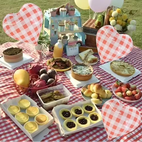 Image of 4pcs 18 inch Red Heart Checked Balloons Checkerboard BBQ Picnic Ballons Striped Plaid Heart Foil Balloon for Picnic Party Decorations BBQ Party Decor Love Birthday Party Baby Shower Versatile Party Decor