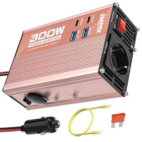 XWJNE 300W Inversor 12V a 220V, Convertidor para Coche con 1 Enchufe EU, 2 Puertos USB-A, 2 Puertos USB-C, Inversor de Corriente Onda Sinusoidal Modificada con Enchufe de Mechero y Protección Múltiple
