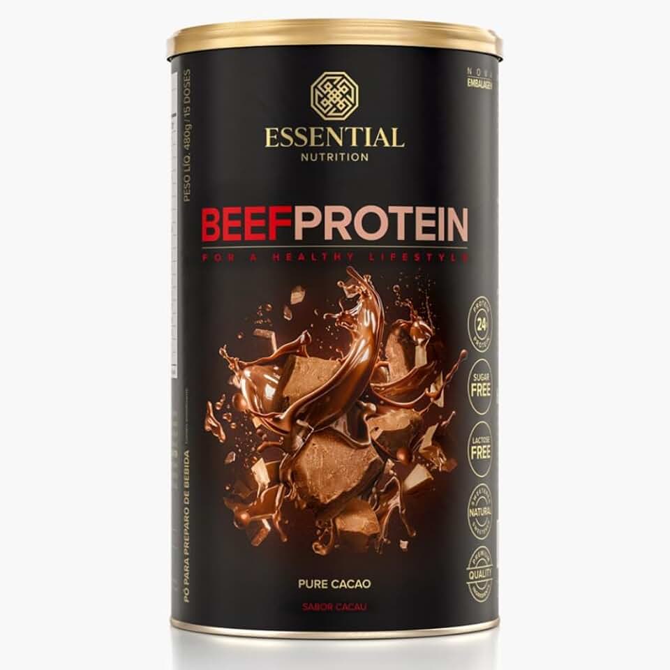 Essential Nutrition Beef Protein, Sabor Cacau, 24g Proteína por Porção, Sem Açúcar, Sem Lactose, 480g