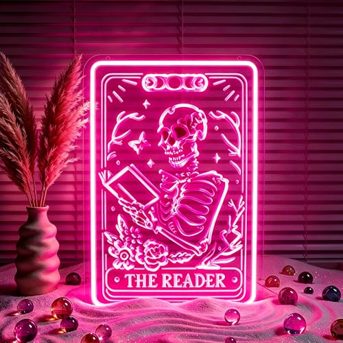Image of Pink Neon Sign Led Neon Lights Signs for Wall Decor USB Powered Led Signs for Room Decoration-Skeleton Reading Book