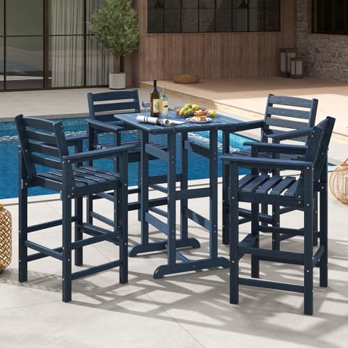 Image of Giantex 42 inch Height Outdoor Tall Bar Table, HDPE Square Pub Tables with Wood Grains, High Top, Cocktail Bistro Table for Adirondack Chairs, Patio, Garden, Poolside, Yard, Balcony, Navy