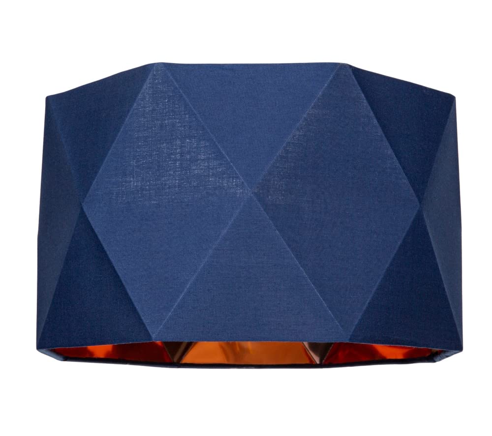 Navy Midnight Blue Cotton Fabric 32cm Geometric Designer Lamp Shade with Inner Brushed Copper Metal Effect Lining| 60w Maximum | for Table or Pendant by Happy Homewares