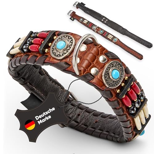 MICHUR Carlota Halsband Indianer, Hundehalsband Leder Braun, Lederhalsband Hund, Halsband, MIT TÜRKISEN Steinen, in verschiedenen Größen erhältlich
