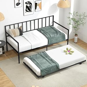 KOMFOTT Twin Metal Daybed with Trundle, Metal Sofa Bed & Pull-Out Trundle Set with Lockable Casters, Daybed for Living Room, No Box Spring Needed