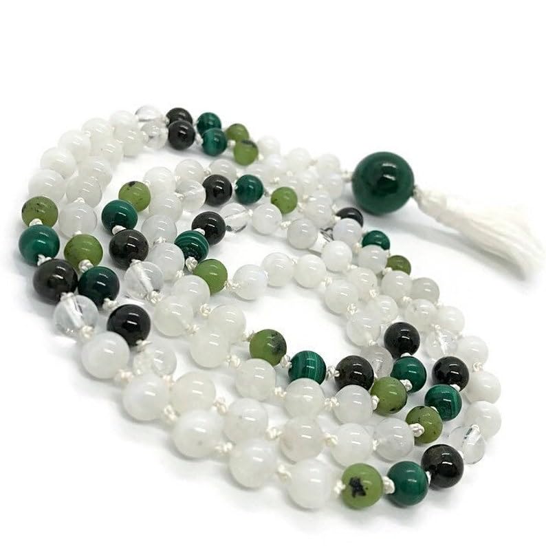 Natural rainbow moonstone, green tourmaline, malachite 6mm-10mm 108 Mala Beads, Spiritual, Meditation Beads, Reiki, Japa Mala, Buddhist Prayer Beads, Yoga Bracelet, healing beads