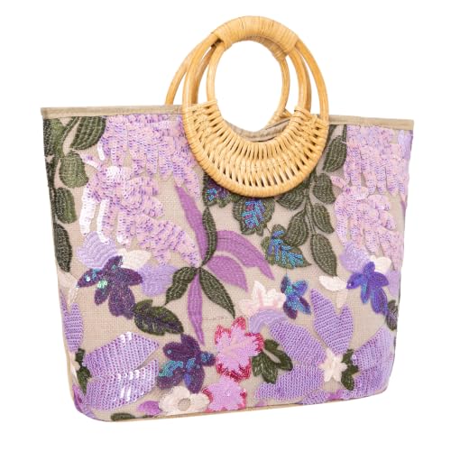 Image of Rattan Wood Handle Sequin Embroidered Floral Beach Bag Tote for Vacation and Wedding Party