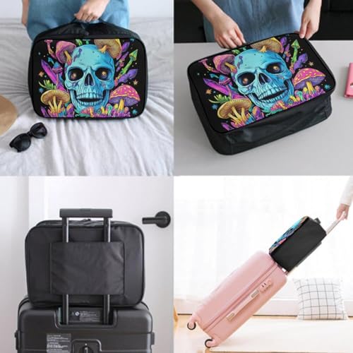 Luggage Lever To Hang Bags, Foldable Travel Storage Sports Gym Tote Bag, Carry On Tote Weekender Large Overnight Bag Trippy Mushroom Skull Art2