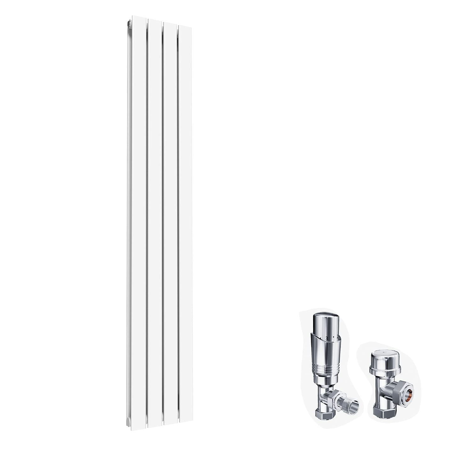 ELEGANT Modern Vertical Radiator Double Designer White Tall Upright Radiators Central Heating Wall Panel 1800 x 300 mm with Chrome Thermostatic Valves Set