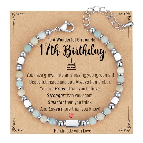 Image of AryaHozel 4mm Natural Stone Bracelet with Birthday Cards, 6-21 Year Old Birthday Gifts for Girls Daughter Granddaughter Niece Sister Women Friends
