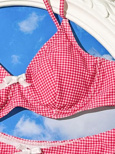 SweatyRocks Women's 2 Piece Bikini Set Plaid Bowknot Gingham Swimsuit High Cut Cute Bikini4