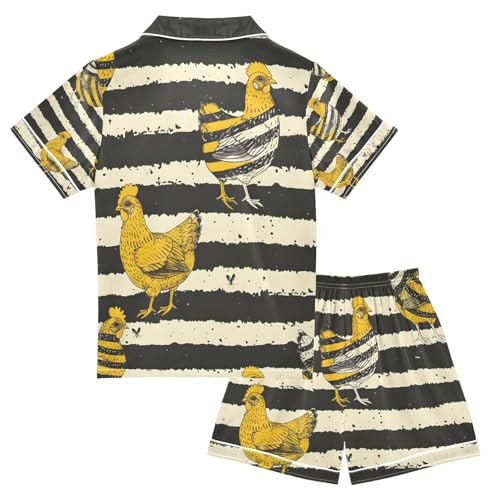 senya Chickens Wearing Stripes Satin Summer Pajama Sets Silk Short Sleeve Button Down Sleepwear2