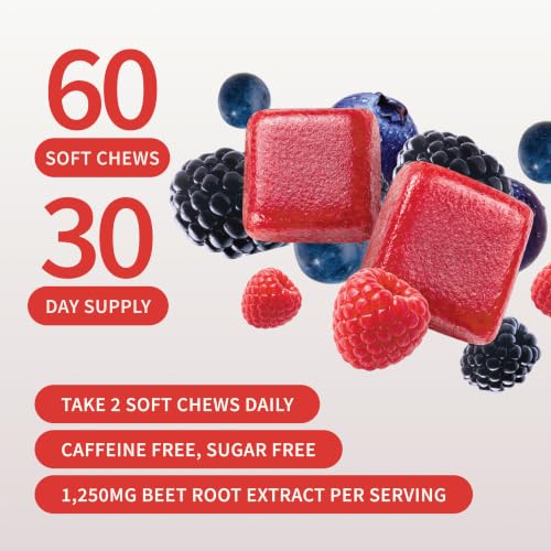 Image of Snap Supplements Nitric Oxide Beet Root Chews, Mixed Berry, 60 Soft Chews | 1,250mg Beet Root Extract per 2 chews CoQ10 & Acai for Cardiovascular, Clean Energy, & Circulation Support, Sugar-Free, Vegan