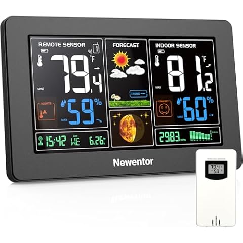 Newentor Weather Station Wireless Indoor Outdoor Thermometer, Color Display Digital Weather Thermometer with Atomic Clock, Barometric Pressure, Forecast Station with Adjustable Backlight, Black Cover