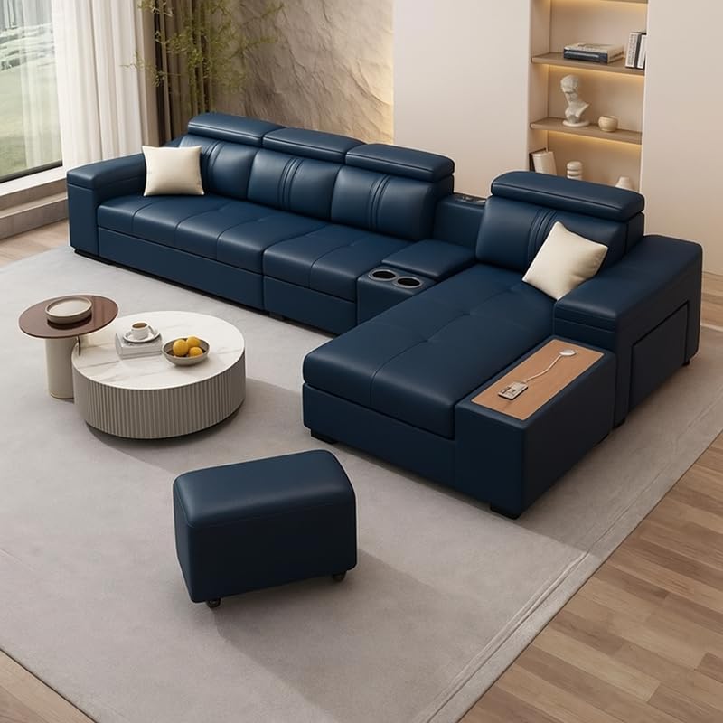 Image of Homax. Nimra Smart L-Shape 7-Seater Sectional Sofa Set with Console, Cup Holders, Charging Station & 2 Ottomans - Premium Leatherette Finish - Navy Blue Color Orientation LHS