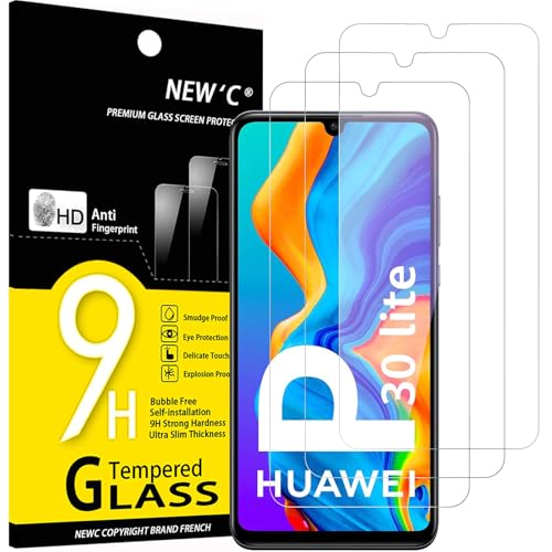 NEW'C Lot de 3, Verre Trempé pour Huawei P30 Lite, Nova 4e, Film Protection écran efficace contre les Rayures - sans Bulles - Ultra Résistant (0,33mm HD Ultra...