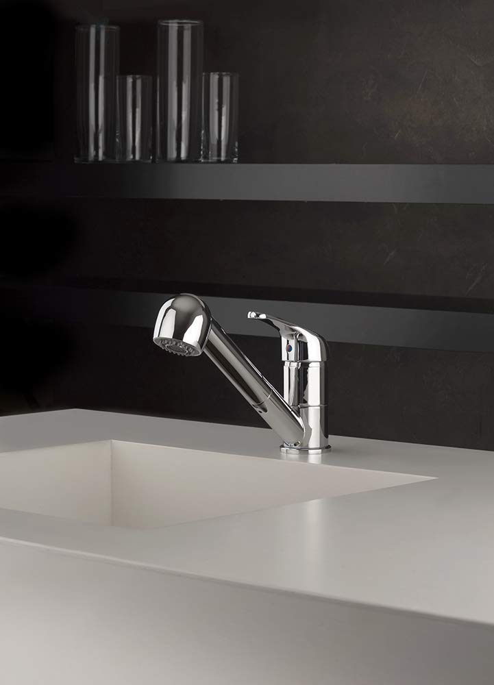 Paini Mitigeur monocommande de cuisine, lavabo, chromé, levier supérieur avec douchette extractible 2 jets et cumulateur, design moderne, entièrement fabriqué et fabriqué en Italie