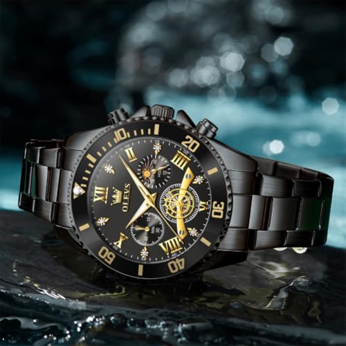 Image of OLEVS Mens Watches Chronograph Luxury Dress Moon Phase Two Tone Stainless Steel Waterproof Luminous Business Calendar Wrist Watch